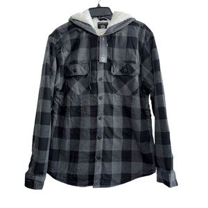 NWT Distortion Grey Buffalo Plaid Sherpa Lined Hooded Flannel Shacket Medium